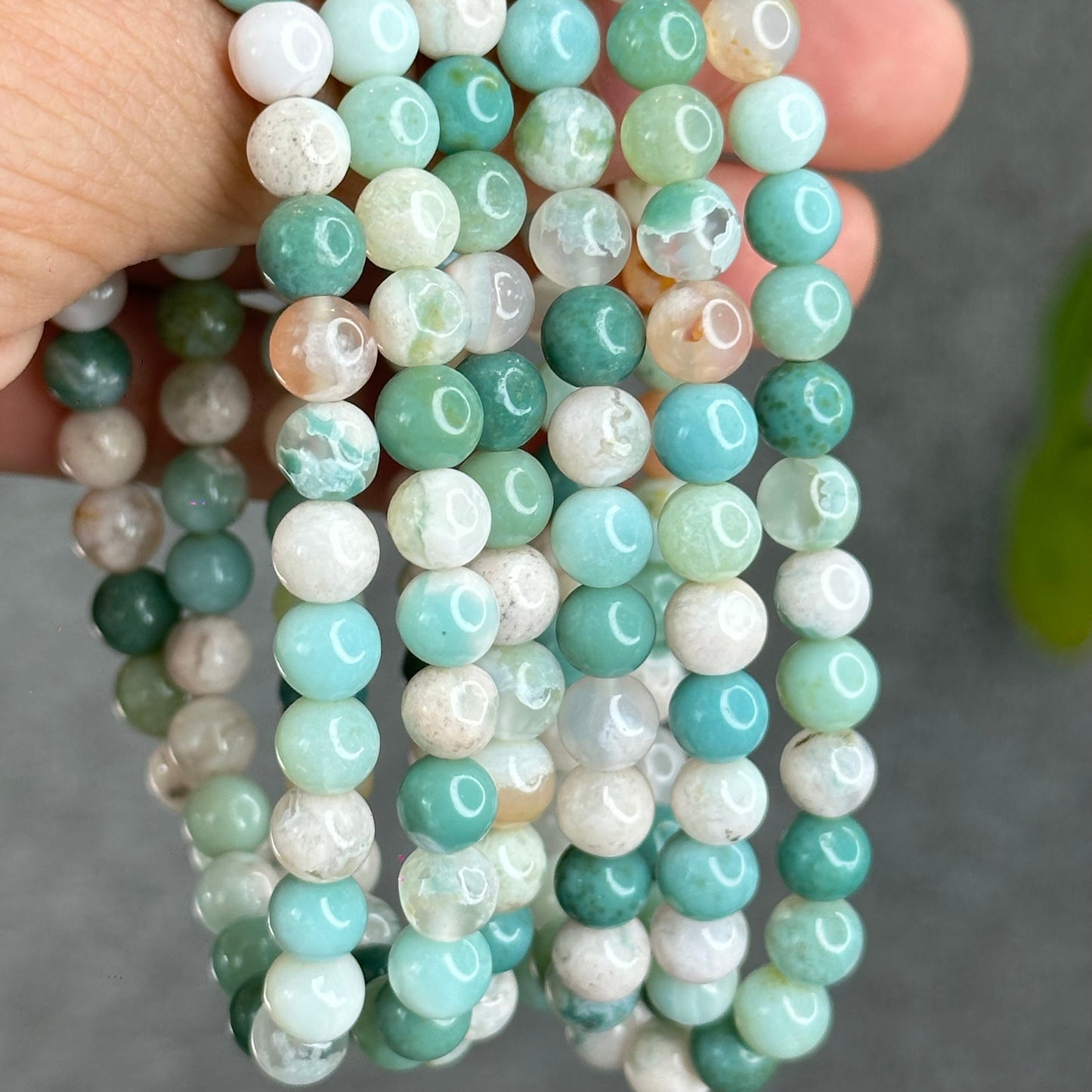 Natural Green Floral Agate Triple Wrap Bracelet Size 6.7 mm