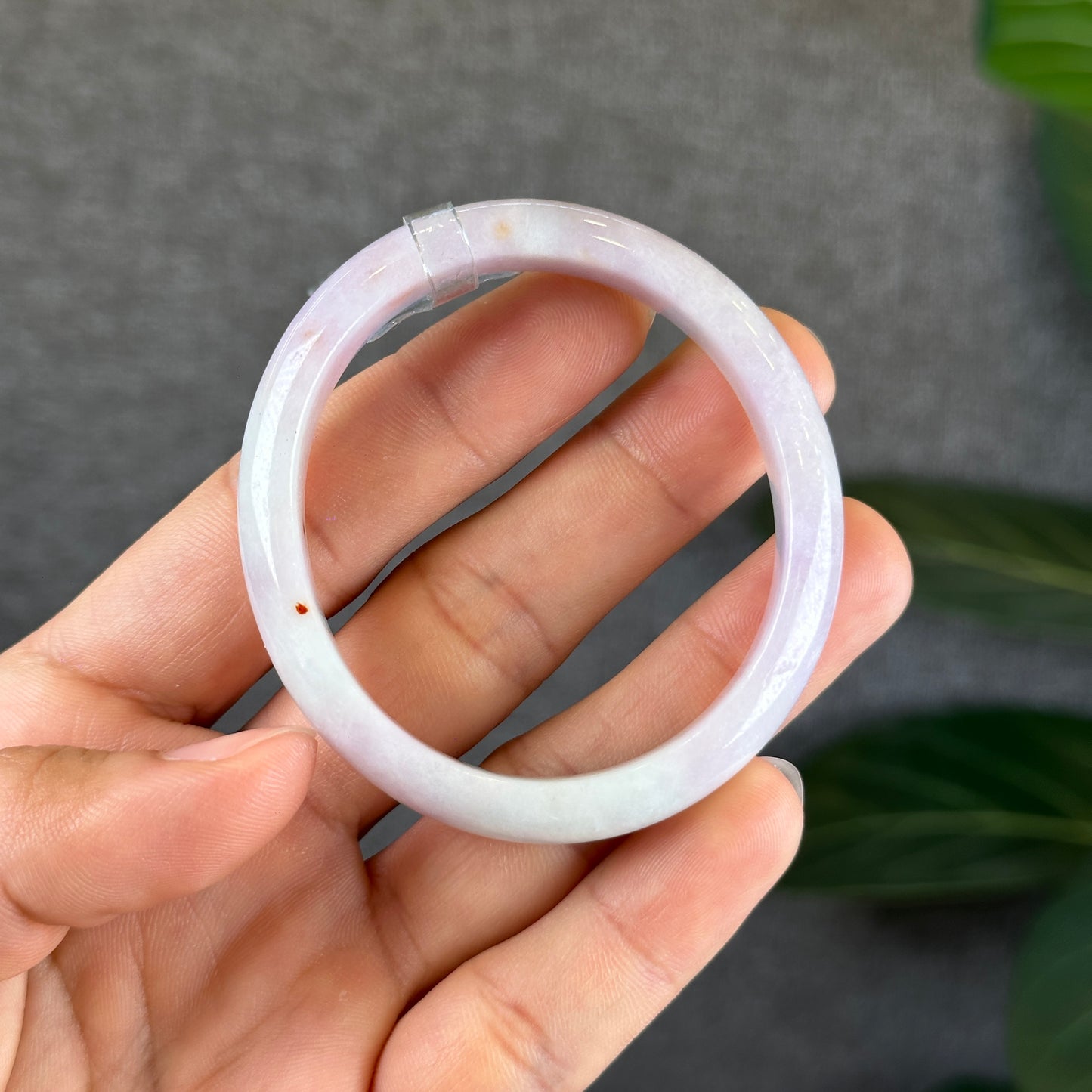 Lavendar with Two Orange Dots Jadeite Jade Oval Leaf Style Bangle Size 50-51 mm Certificate 646759