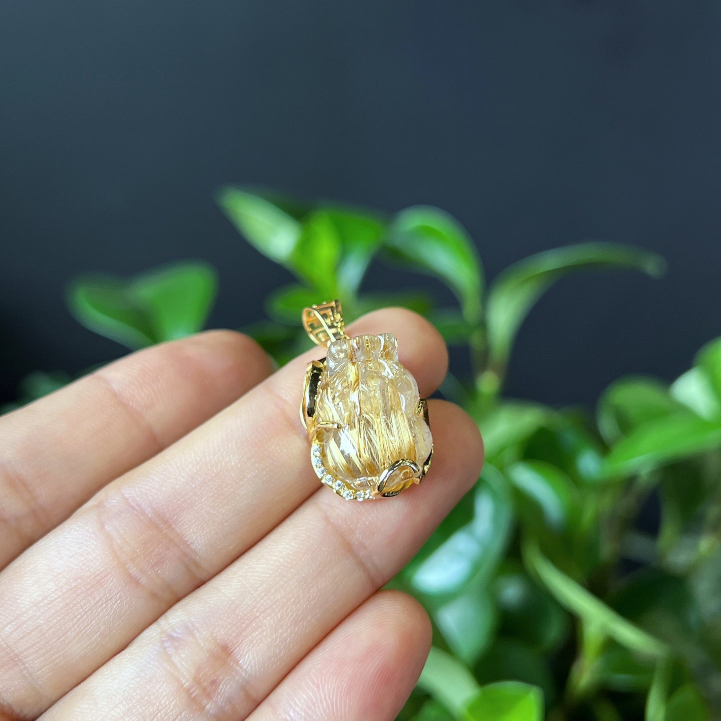 Pixiu Golden Rutilated Quartz Pendant in Yellow Gold Setting