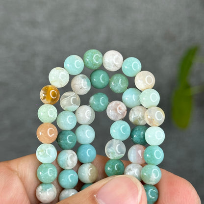 Natural Green Floral Agate Triple Wrap Bracelet Size 6.7 mm