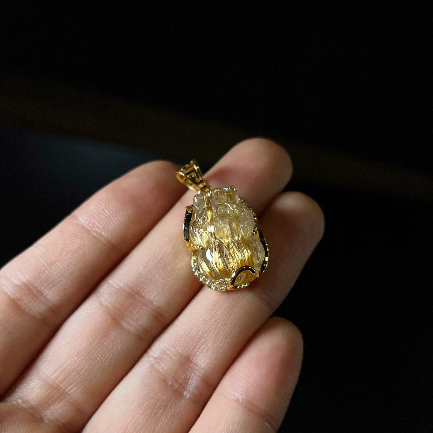 Pixiu Golden Rutilated Quartz Pendant in Yellow Gold Setting