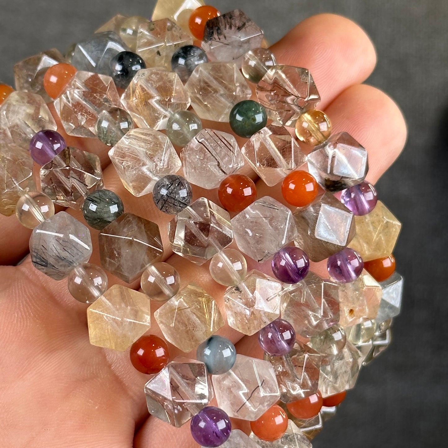 Mixed Natural Quartz Octahedron Faceted Bracelet Size 8.5 mm