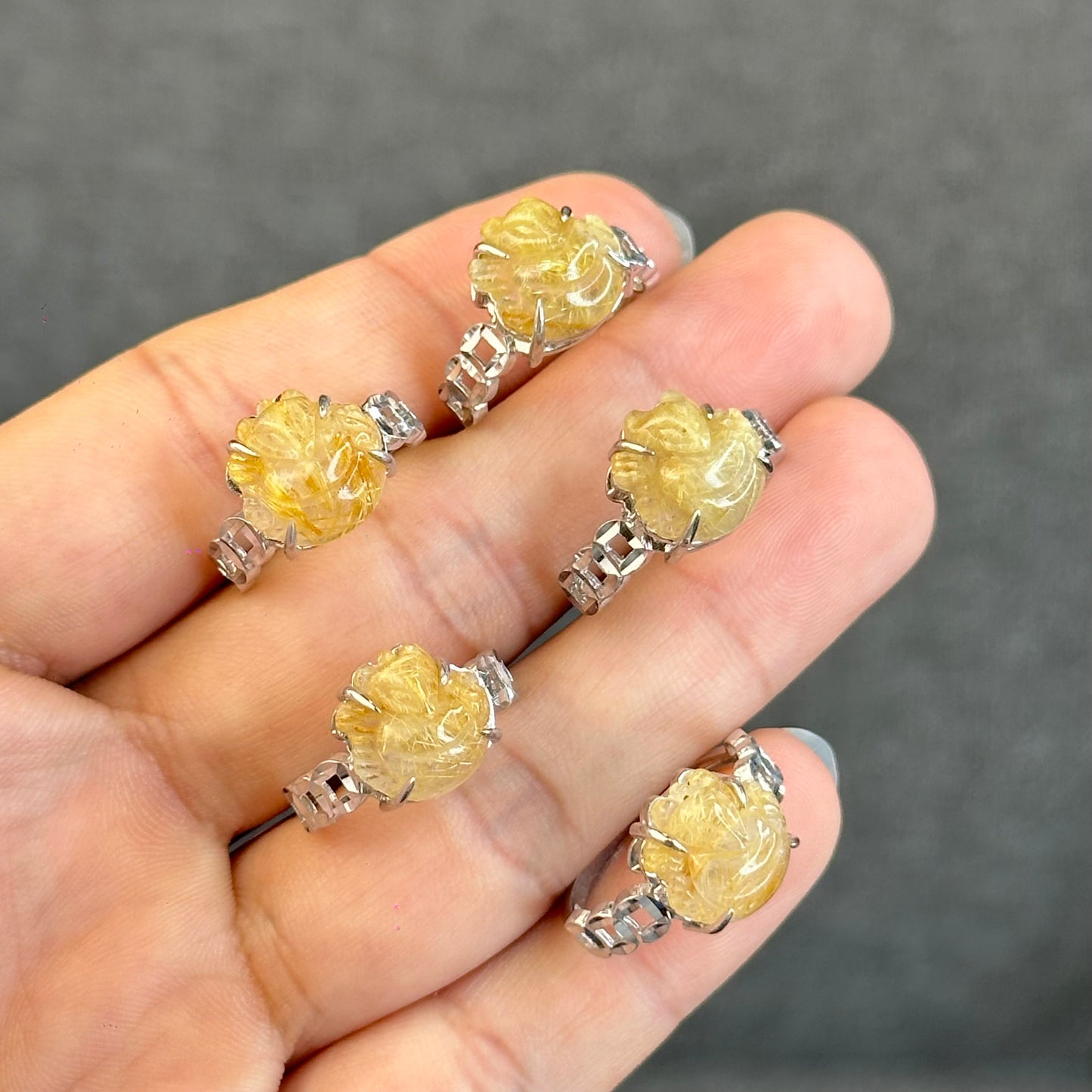 Natural Golden Rutilated Quartz Ho Ly Ring in Silver White Gold Plated Setting Size 1.6