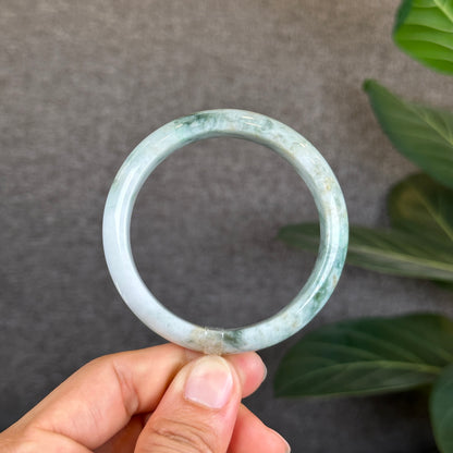 Natural Floral Green with Touches of Orange Jadeite Jade Bangle Leaf Style Size 57 mm