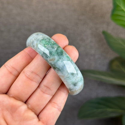Natural Floral Green with Touches of Orange Jadeite Jade Bangle Leaf Style Size 57 mm