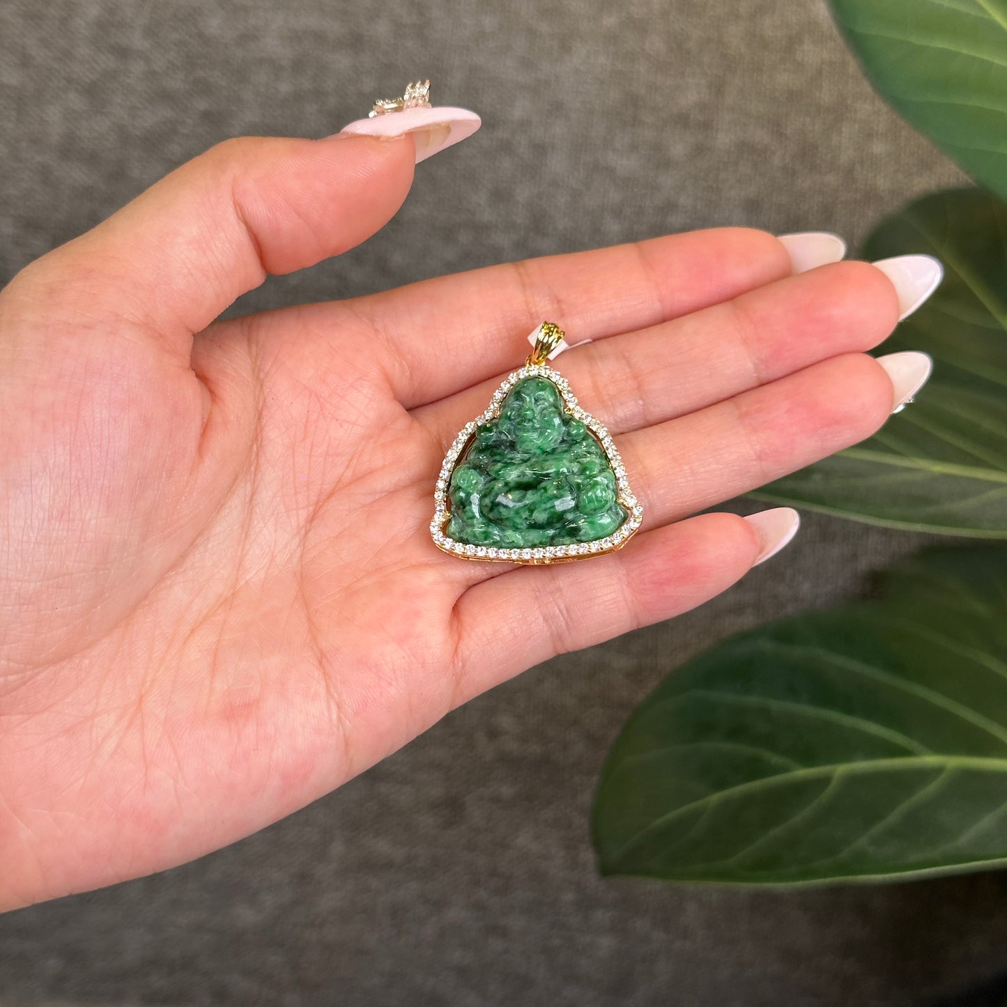 Happy Buddha Son Thuy Natural Jadeite Jade Pendant in 10 k Yellow Gold and White Sapphire Setting