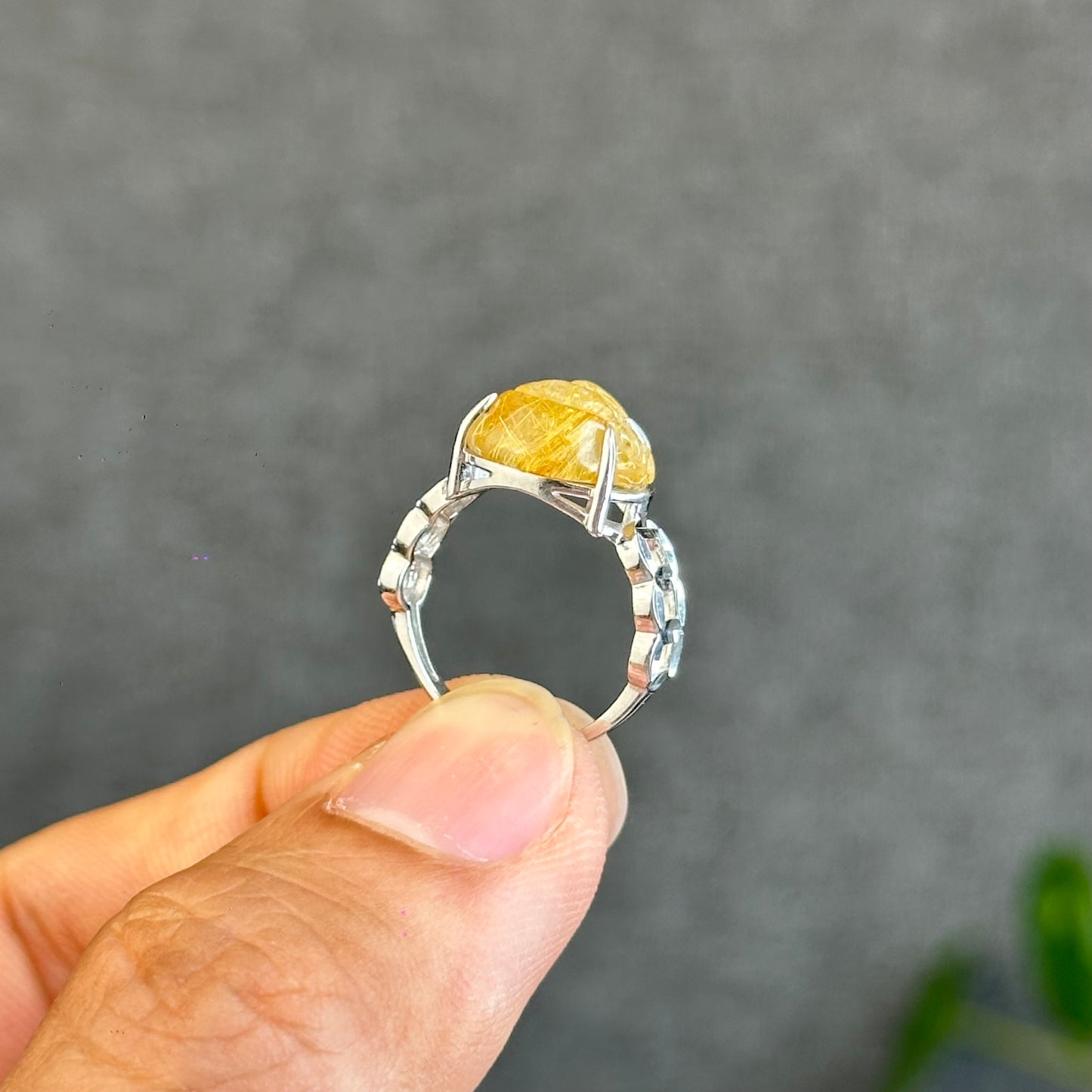 Natural Golden Rutilated Quartz Ho Ly Ring in Silver White Gold Plated Setting Size 1.6