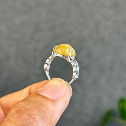Natural Golden Rutilated Quartz Ho Ly Ring in Silver White Gold Plated Setting Size 1.6