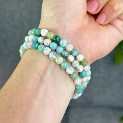Natural Green Floral Agate Triple Wrap Bracelet Size 6.7 mm
