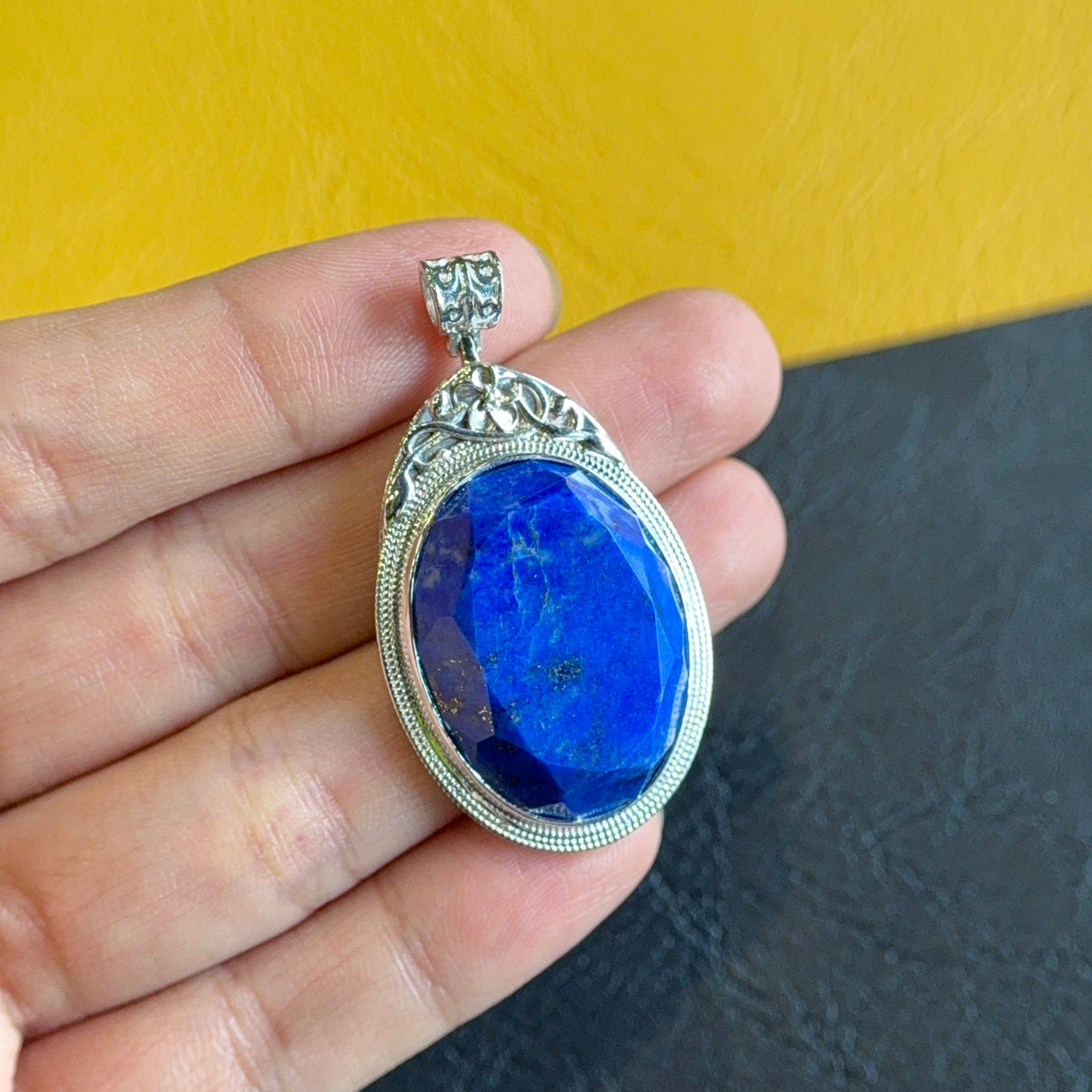 Natural Lapis Lazuli Oval Faceted Pendant in Gold Platted Silver Plated Setting