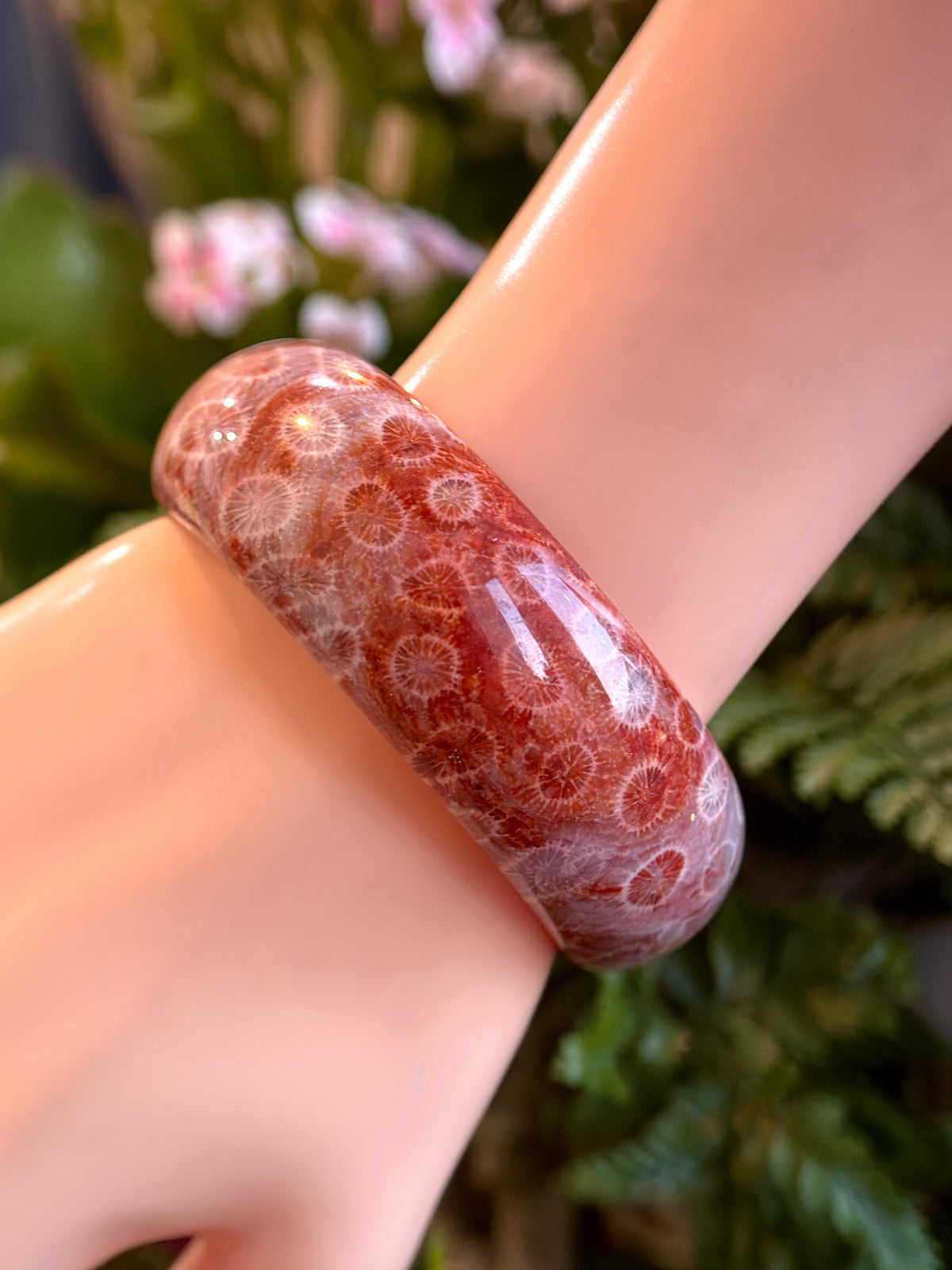 Natural Red Coral Fossil Bangle Leaf Style Size 56.5 mm