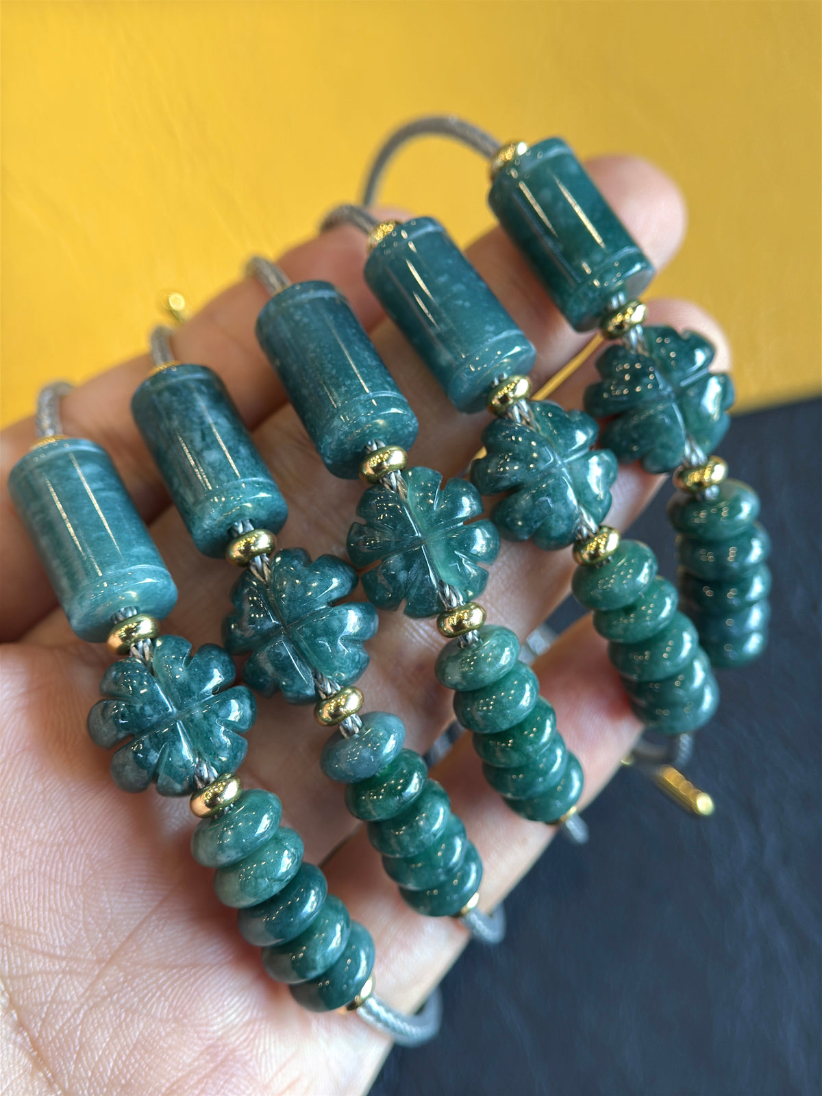 Lu Thong Mix 4 Leaf Clover and Prosperity Donut Natural Blue Jadeite Jade Bracelet