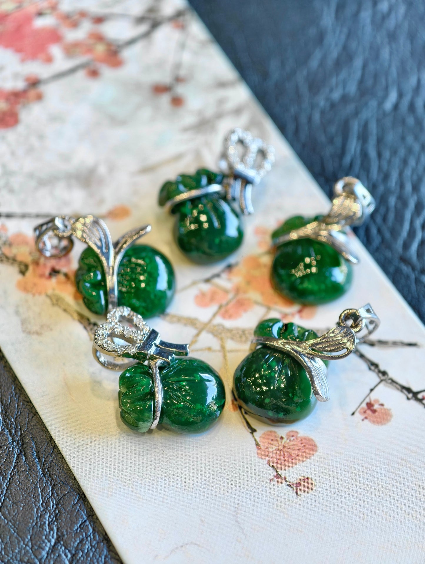 Prosperous Bag Natural Nephrite Jade Pendant  with Gold Plated  Silver Hook