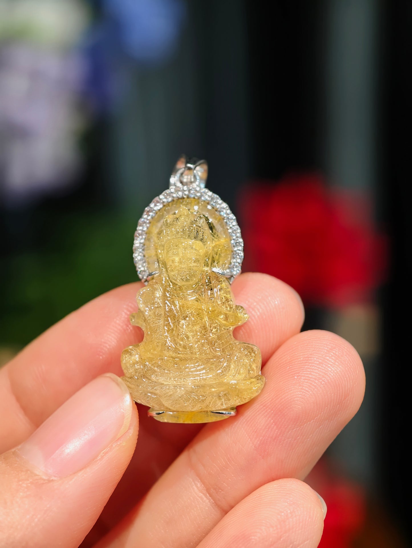 Natural Golden Rutilated Quartz Quan The Am - Quan Yin Buddha Pendant in Silver White Gold Plated Setting