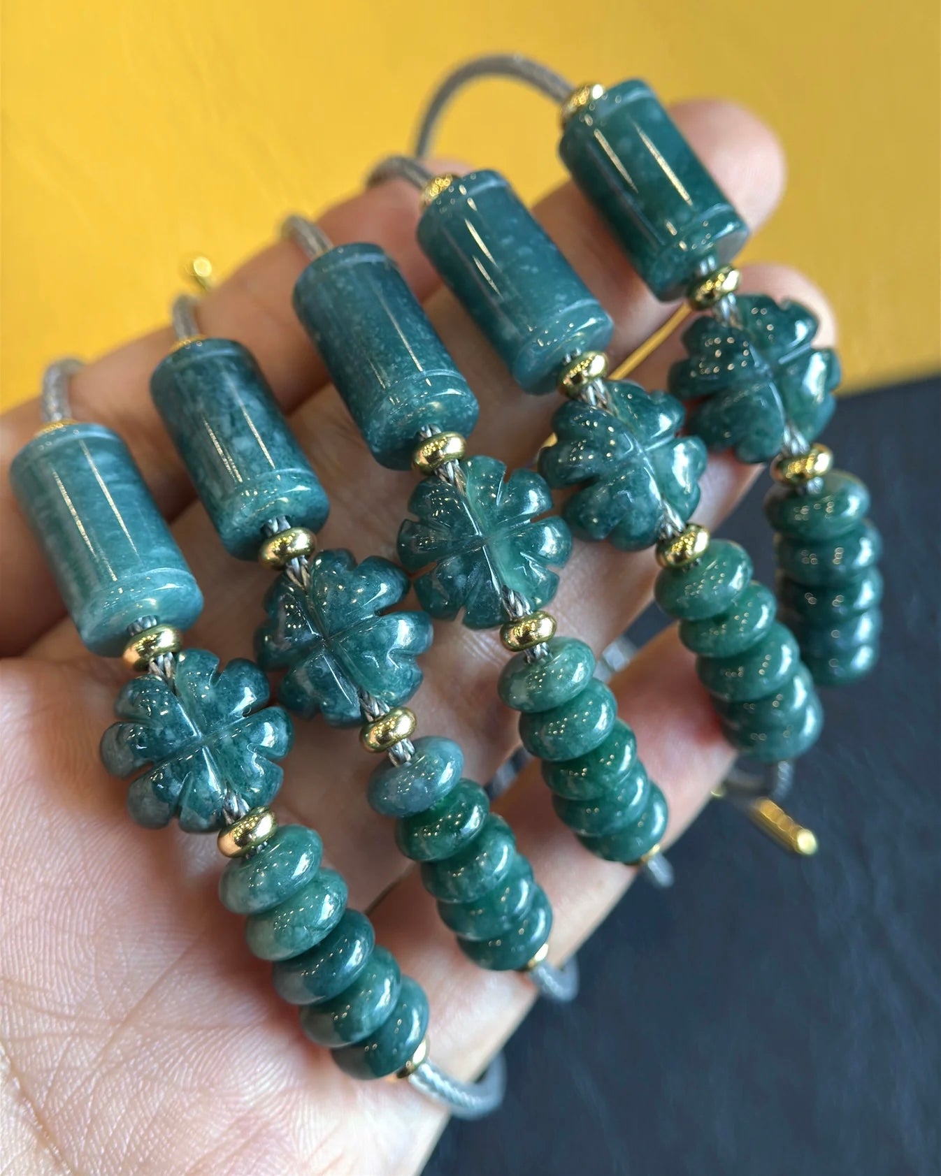 Lu Thong Mix 4 Leaf Clover and Prosperity Donut Natural Blue Jadeite Jade Bracelet