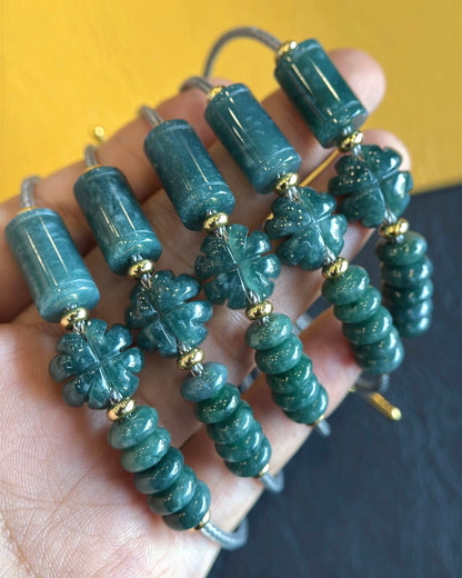 Lu Thong Mix 4 Leaf Clover and Prosperity Donut Natural Blue Jadeite Jade Bracelet