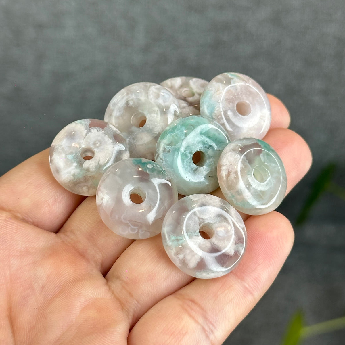 Natural Pastel Green Floral Agate Dong Dieu Donut Charm