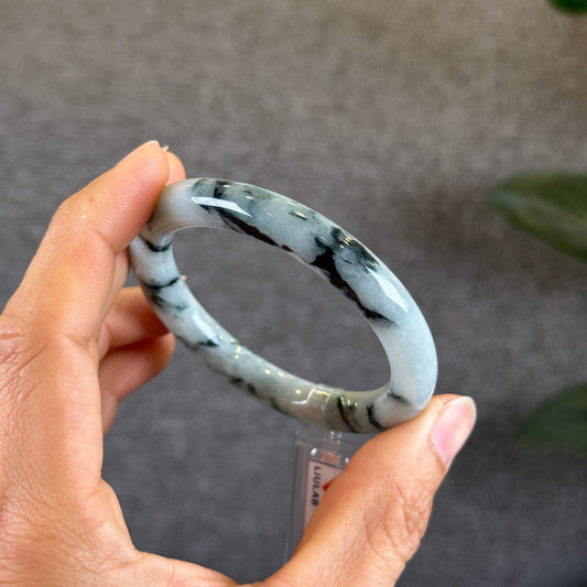 Water Green Floral Pattern Jadeite Jade Bangle Chopstick Sytle Size 53.4 mm