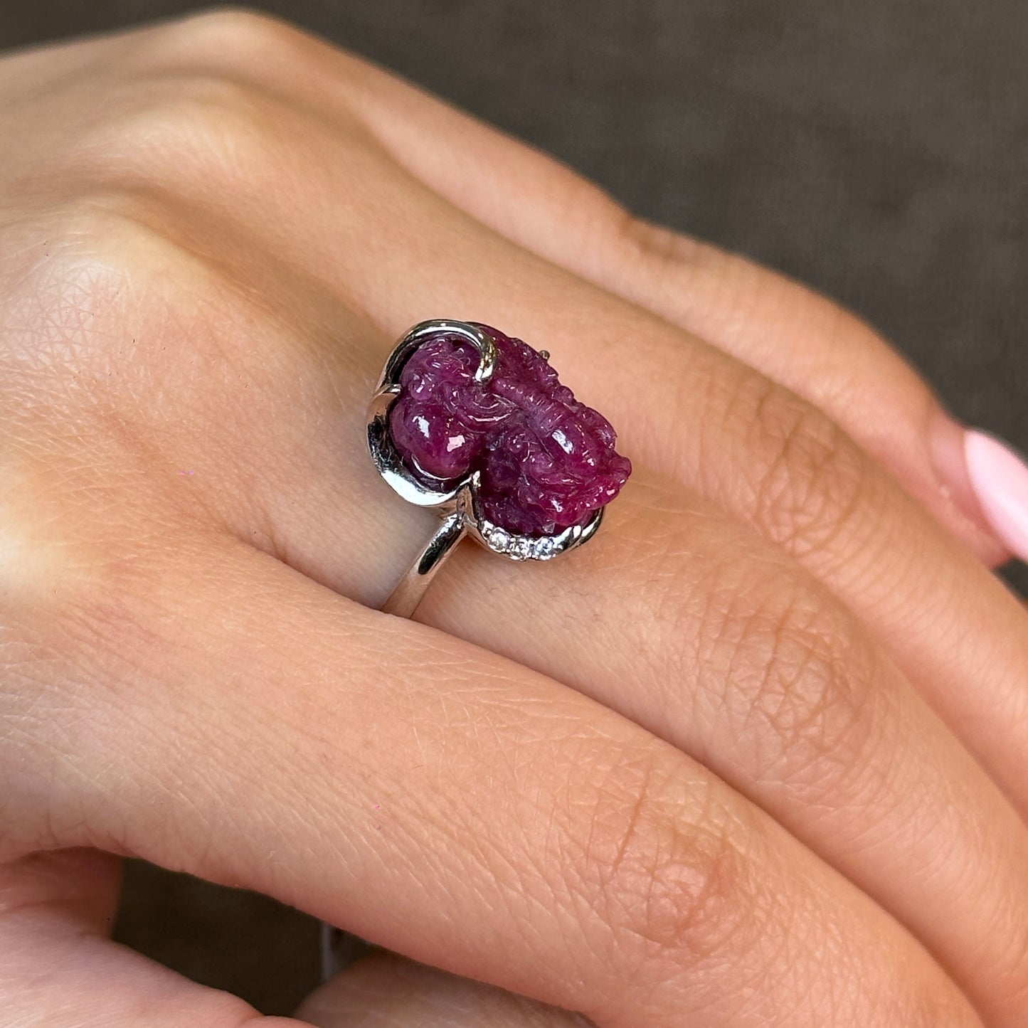 Pixiu Ruby Ring in 10 k White Gold Setting Size 1.64