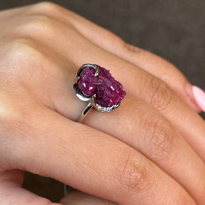 Pixiu Ruby Ring in 10 k White Gold Setting Size 1.64