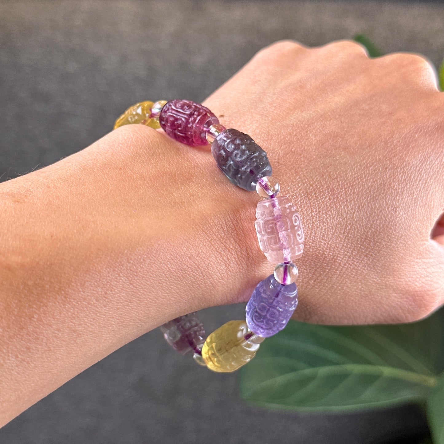 Natural Fluorite Barrel Carved Bracelet Size 10.8 mm