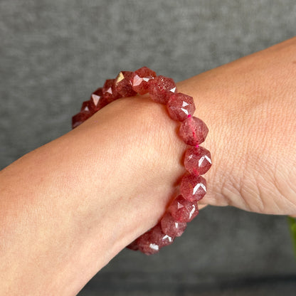Natural Pink Strawberry Quartz Diamond Faceted Bracelet Size 9 mm
