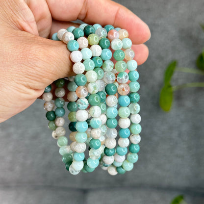 Natural Green Floral Agate Triple Wrap Bracelet Size 6.7 mm