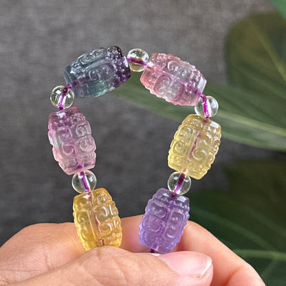Natural Fluorite Barrel Carved Bracelet Size 10.8 mm