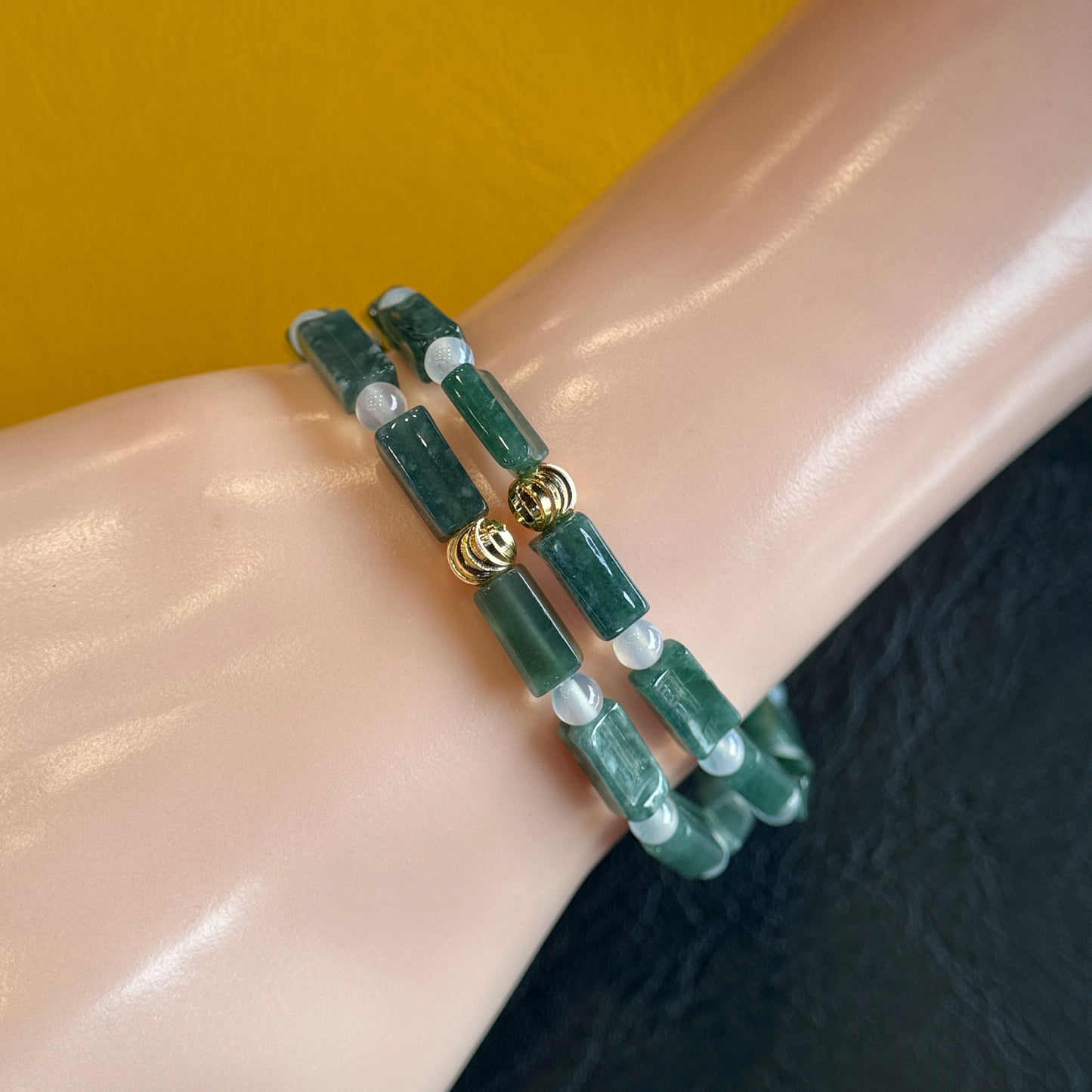 Bamboo Natural Blue Jadeite Jade  mixed with White Agate Bracelet