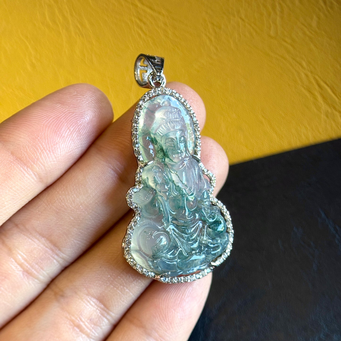 Quan The Am Buddha Natural Moss Agate Pendant in Gold Platted Silver Setting with White Stone Surrounding