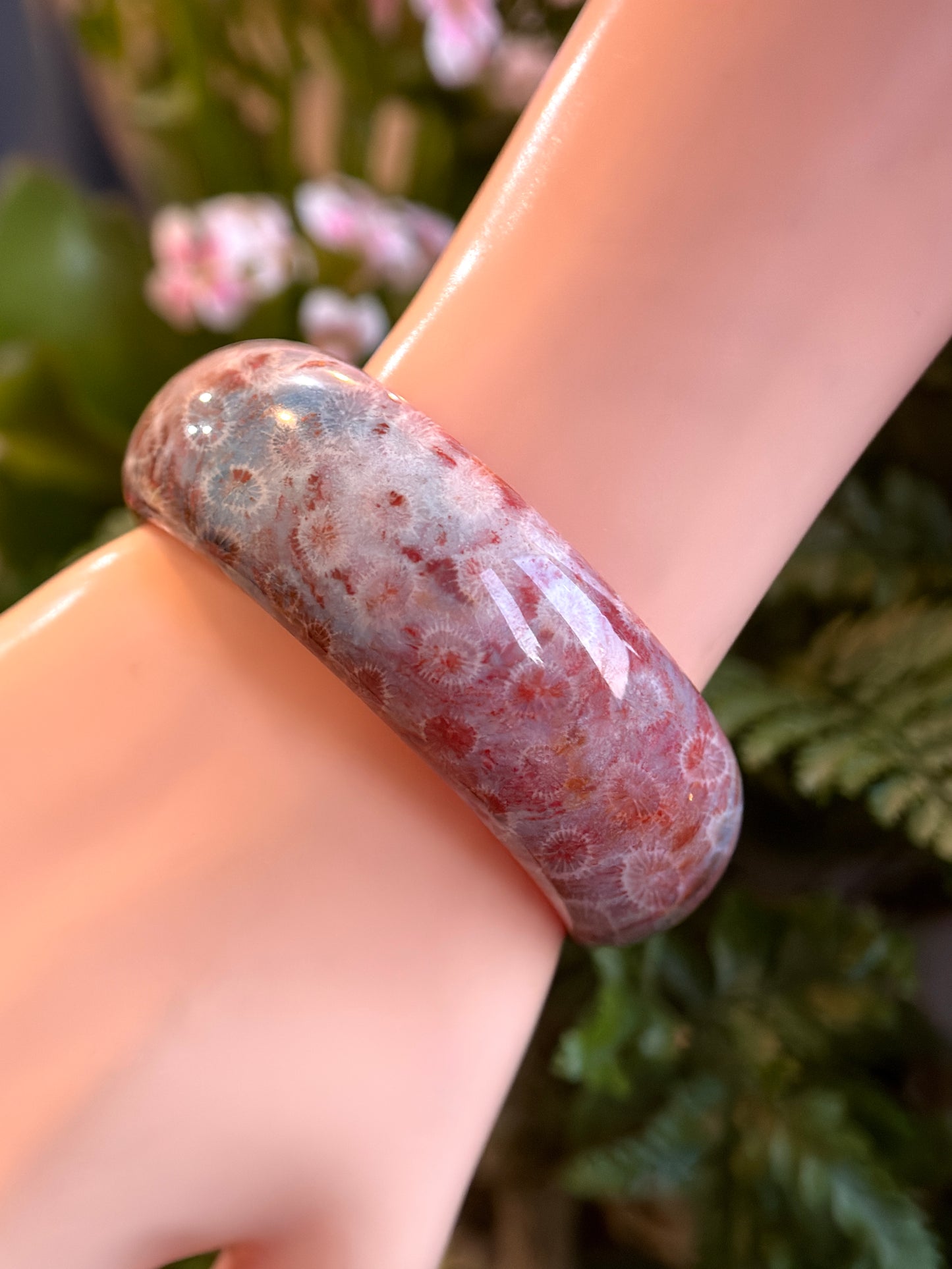 Natural Red Coral Fossil Bangle Leaf Style Size 56.5 mm