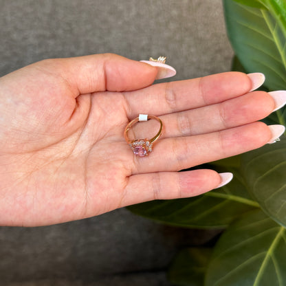 Cushion Cut Natural Light Pink Spinel Ring in 10 k Rose Gold Setting with White Stone Surrounding Elegant Style Size 1.7