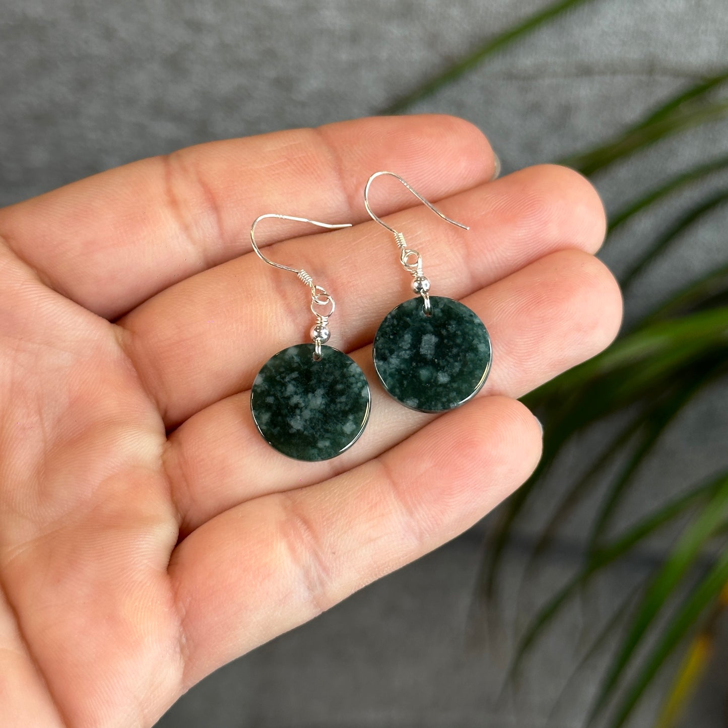 Natural Dark Water Green Jadeite Jade Earring with Silver hook