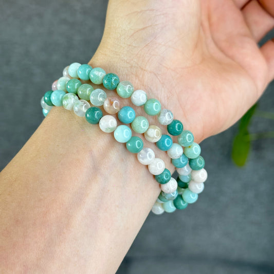Natural Green Floral Agate Triple Wrap Bracelet Size 6.7 mm