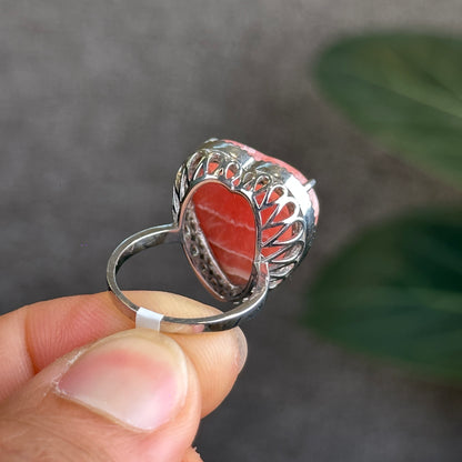 Heart Rhodochrosite Ring in Silver with White Stone Setting Size 1.75