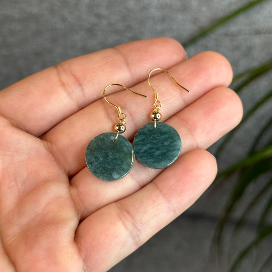Natural Dark Water Green Jadeite Jade Earring with Gold Coloured Silver hook