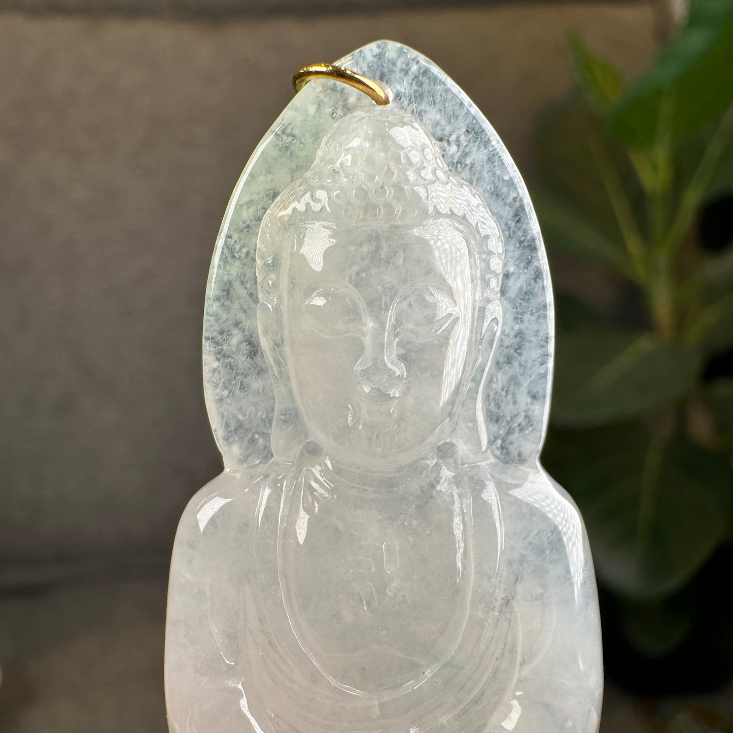 Adida Buddha Translucent Light Green Jadeite Jade Type A Pendant with 18 k Gold Hook