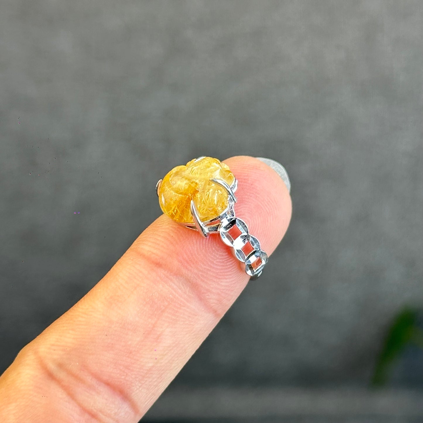Natural Golden Rutilated Quartz Ho Ly Ring in Silver White Gold Plated Setting Size 1.6