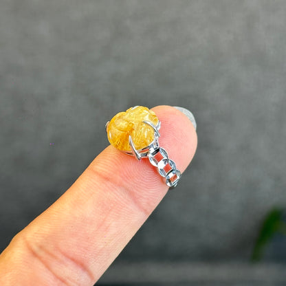 Natural Golden Rutilated Quartz Ho Ly Ring in Silver White Gold Plated Setting Size 1.6