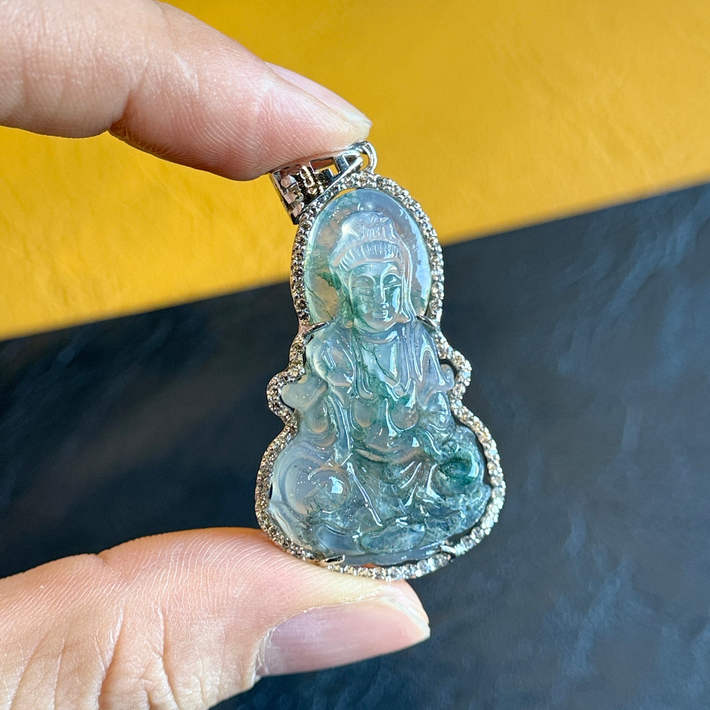 Quan The Am Buddha Natural Moss Agate Pendant in Gold Platted Silver Setting with White Stone Surrounding