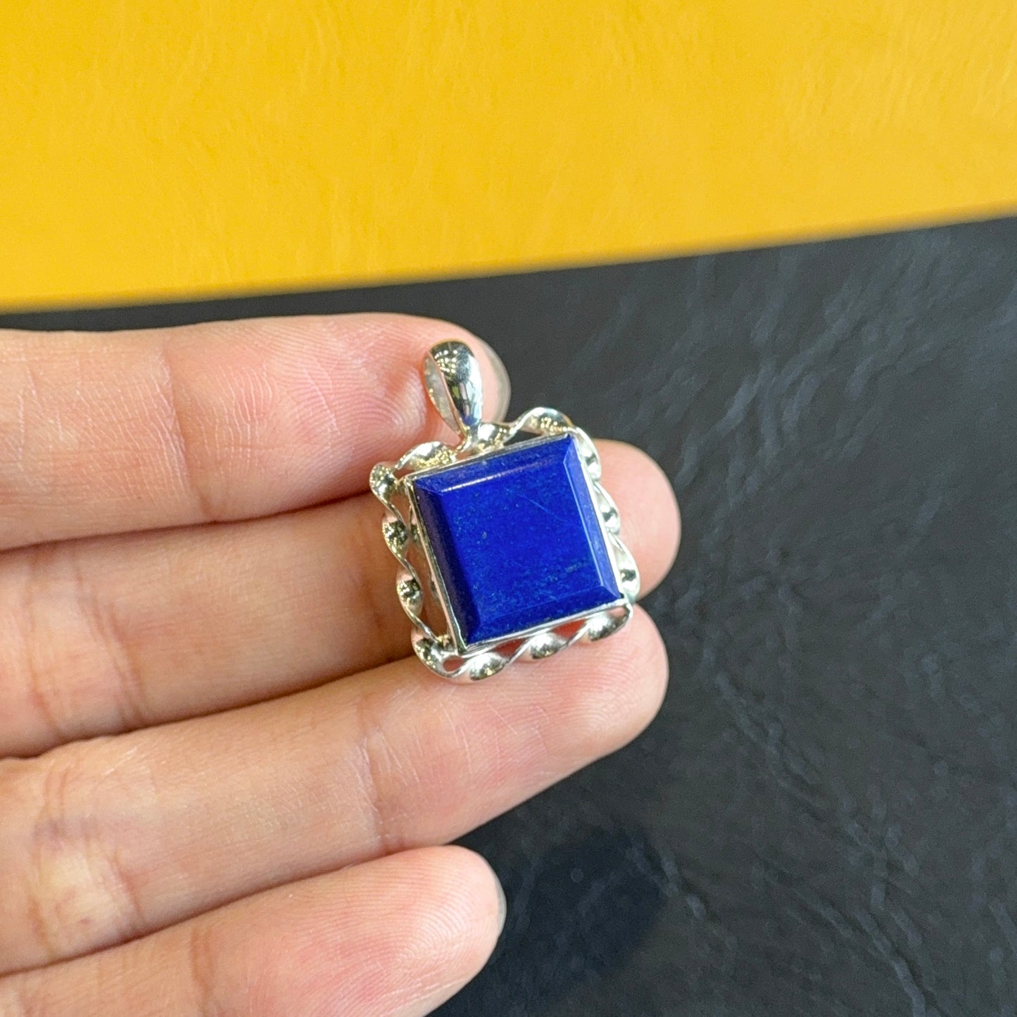 Natural Lapis Lazuli Square Pendant in Gold Platted Silver Plated Setting