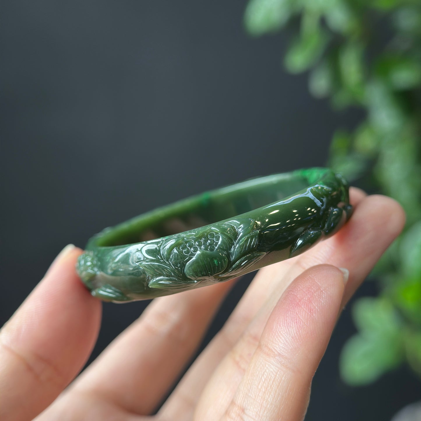 Lotus Carving Natural Nephrite Jade VIP Bangle Leaf Style Size 55 mm