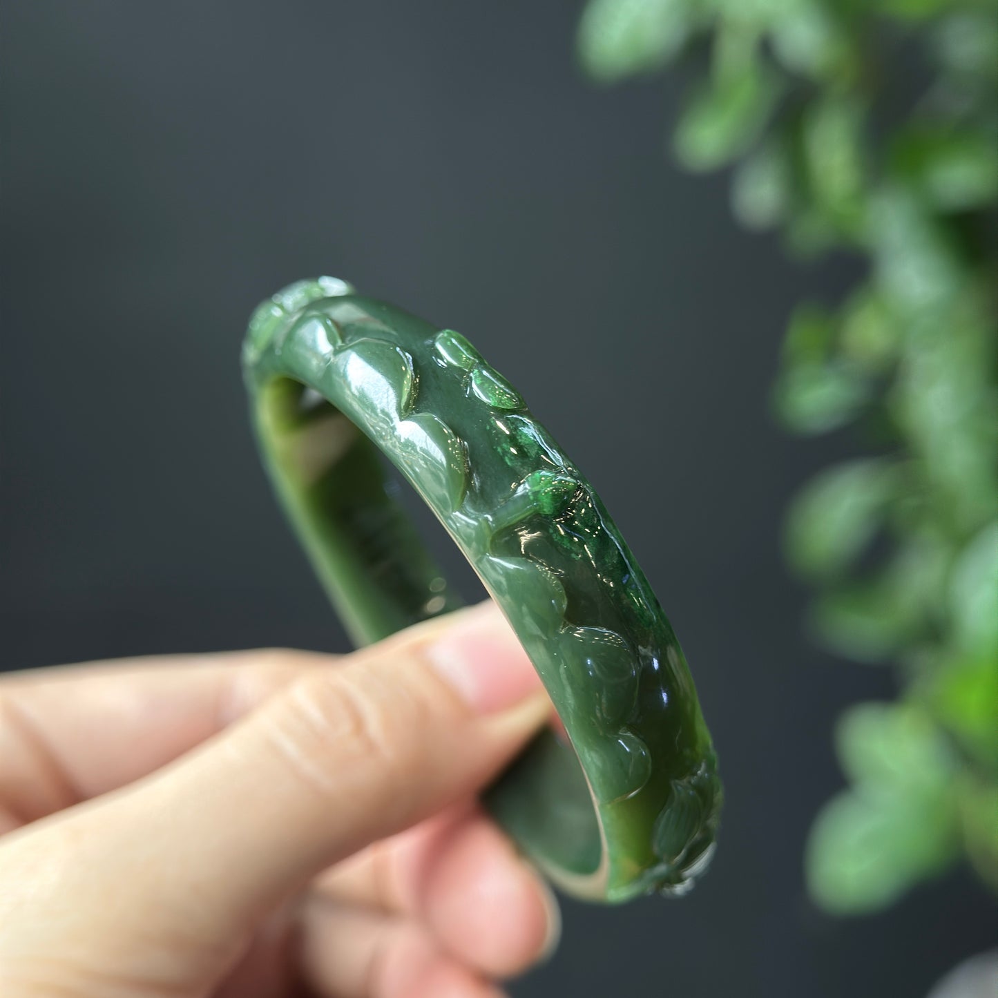 Lotus Carving Natural Nephrite Jade VIP Bangle Leaf Style Size 55 mm