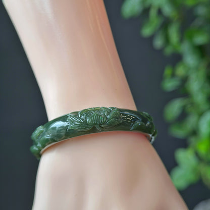 Lotus Carving Natural Nephrite Jade VIP Bangle Leaf Style Size 55 mm