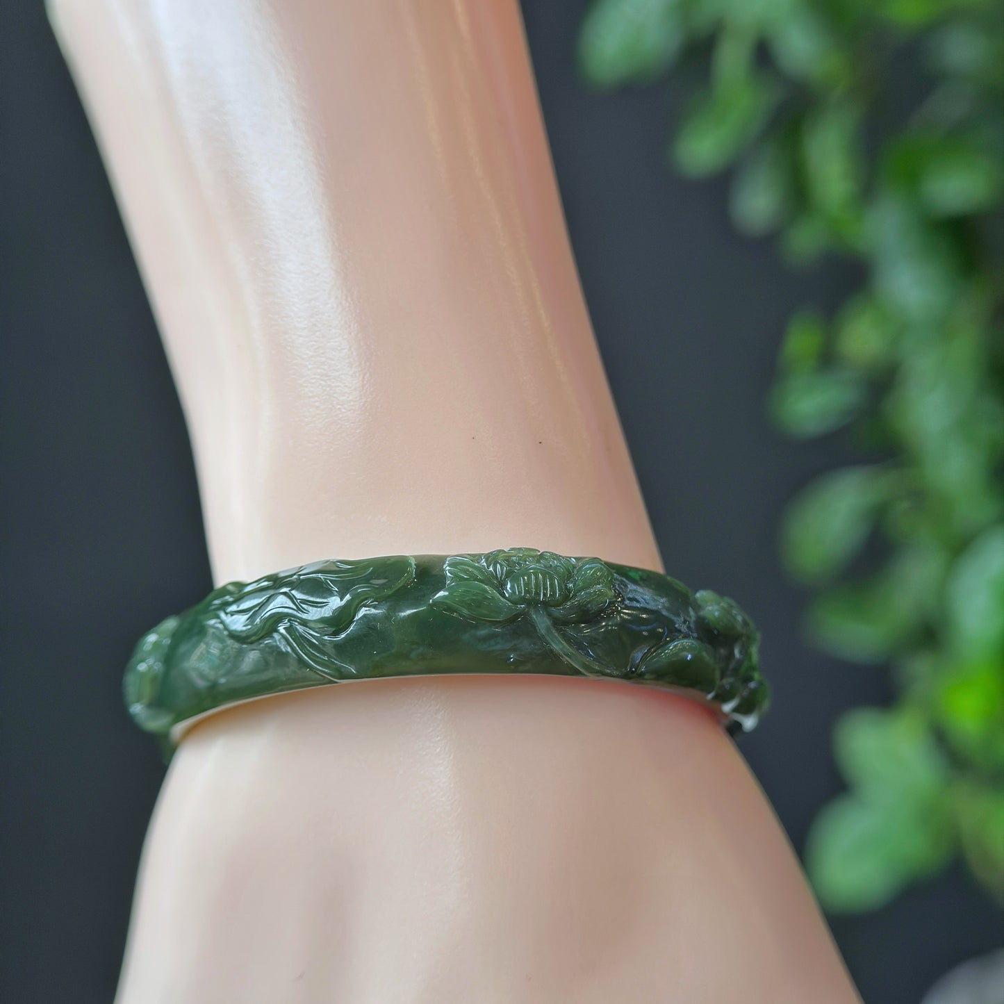 Lotus Carving Natural Nephrite Jade VIP Bangle Leaf Style Size 55 mm