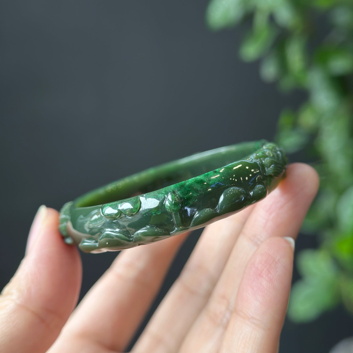 Lotus Carving Natural Nephrite Jade VIP Bangle Leaf Style Size 55 mm