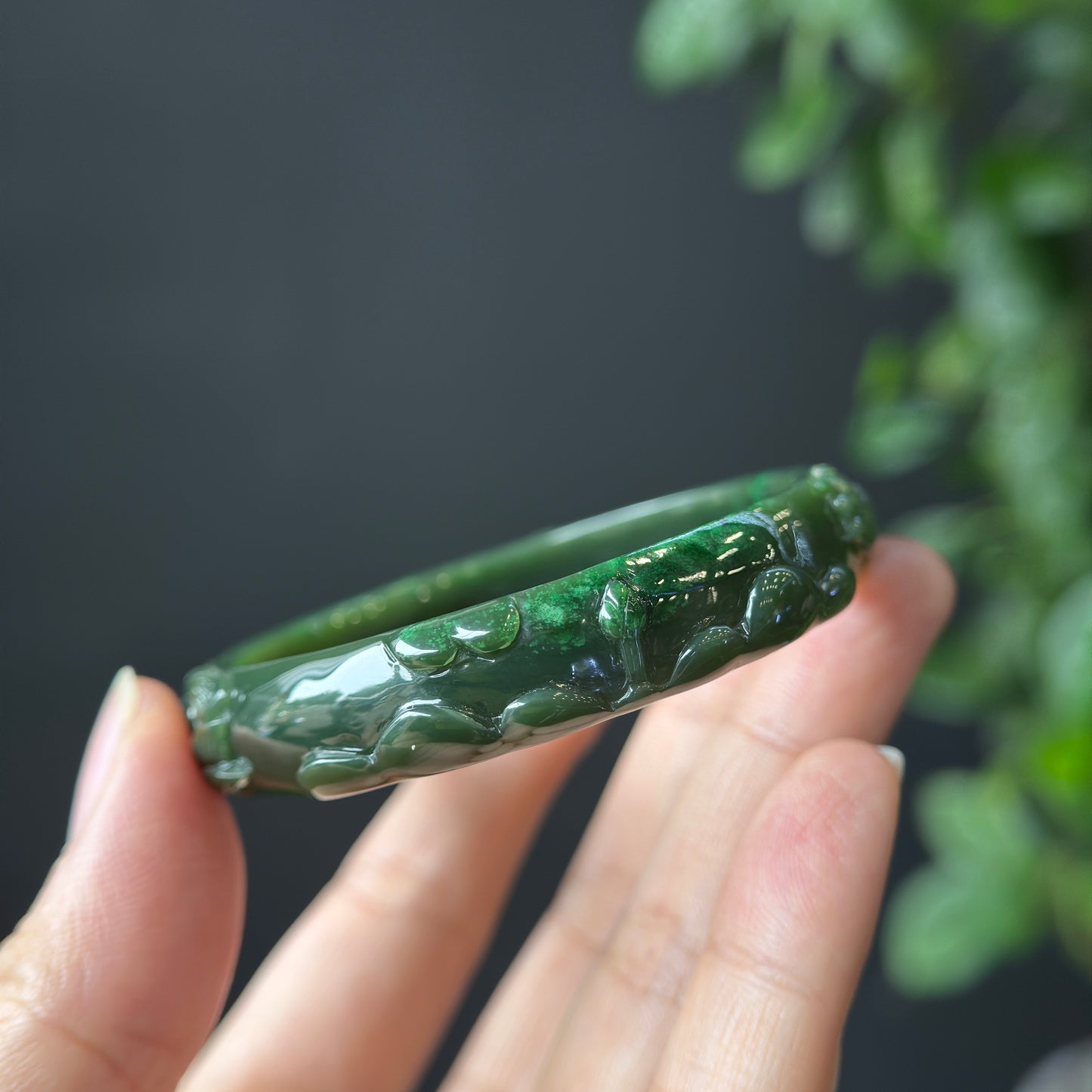 Lotus Carving Natural Nephrite Jade VIP Bangle Leaf Style Size 55 mm