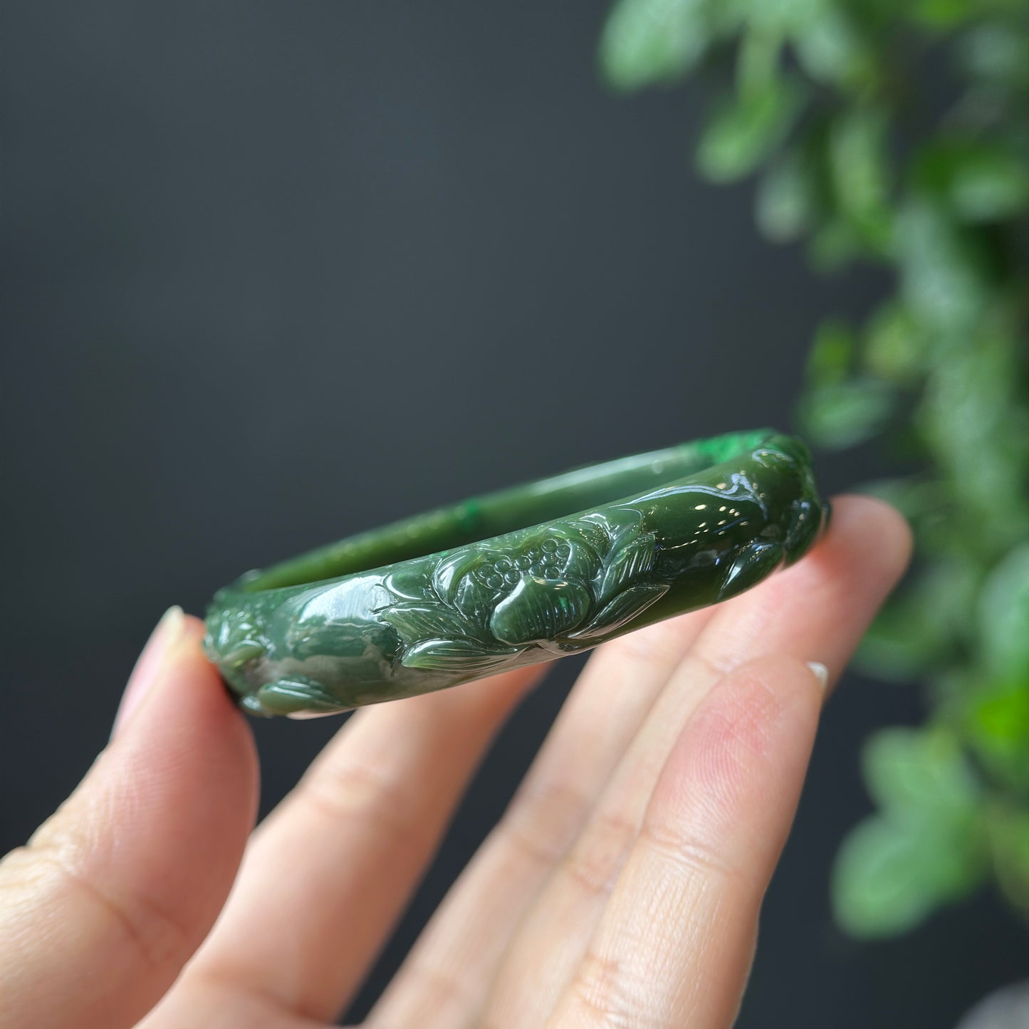 Lotus Carving Natural Nephrite Jade VIP Bangle Leaf Style Size 55 mm