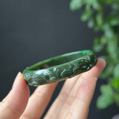 Lotus Carving Natural Nephrite Jade VIP Bangle Leaf Style Size 55 mm