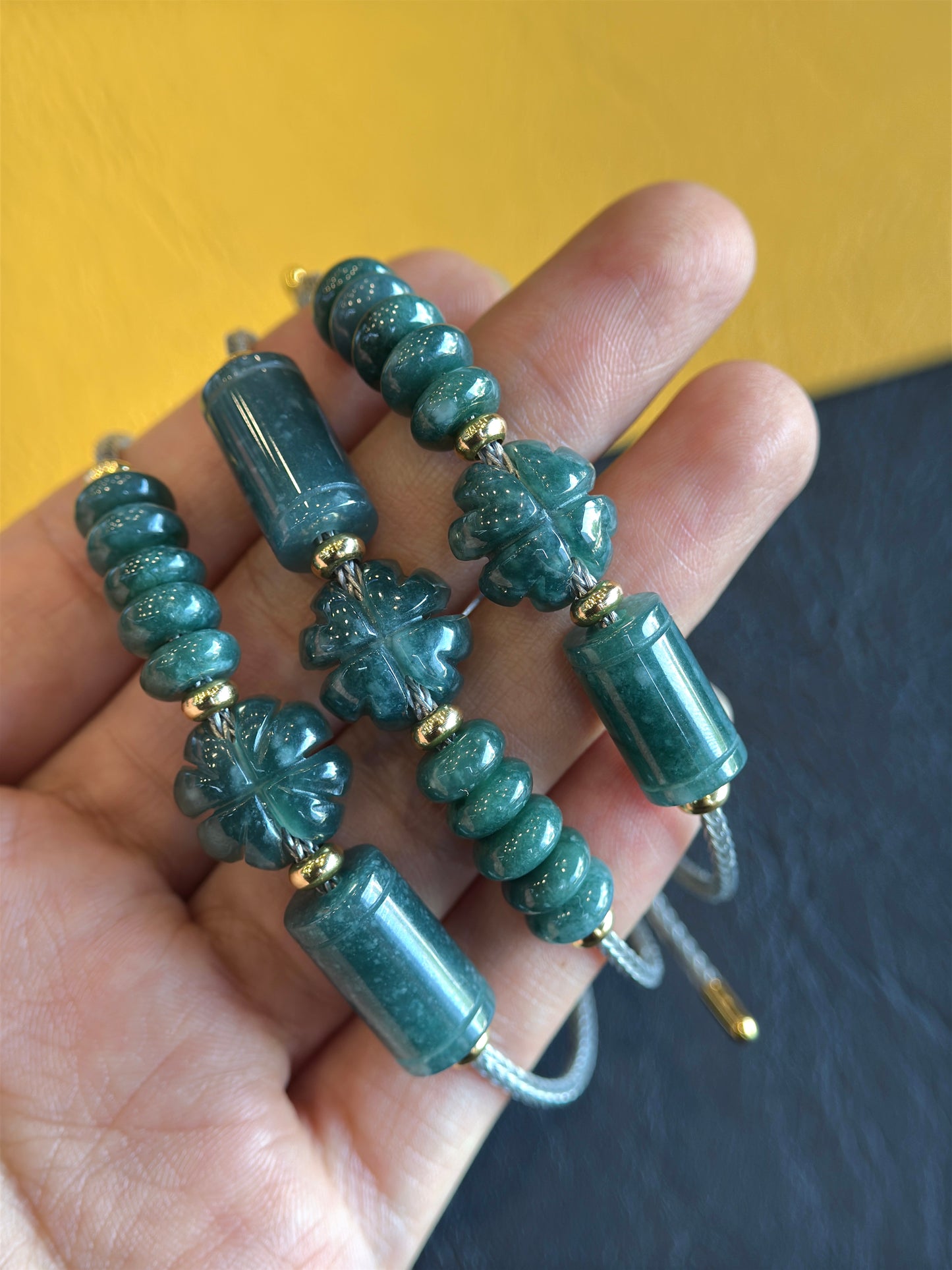 Lu Thong Mix 4 Leaf Clover and Prosperity Donut Natural Blue Jadeite Jade Bracelet